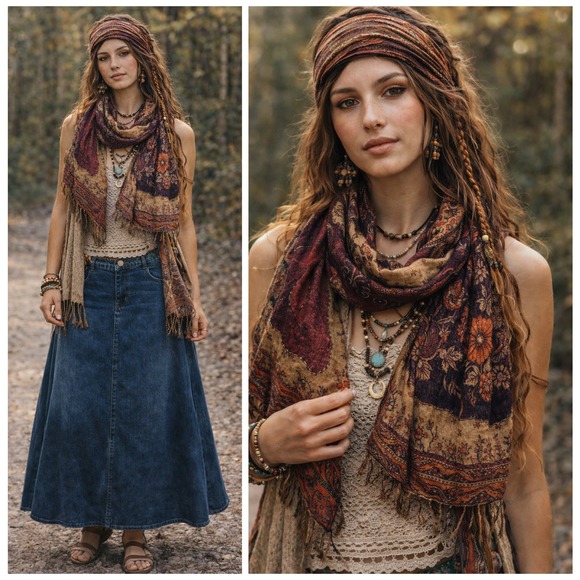 Accessories - Pashmina Scarf Burgundy‎ Beaded Floral Boho Gypsy Wrap Butterflies
